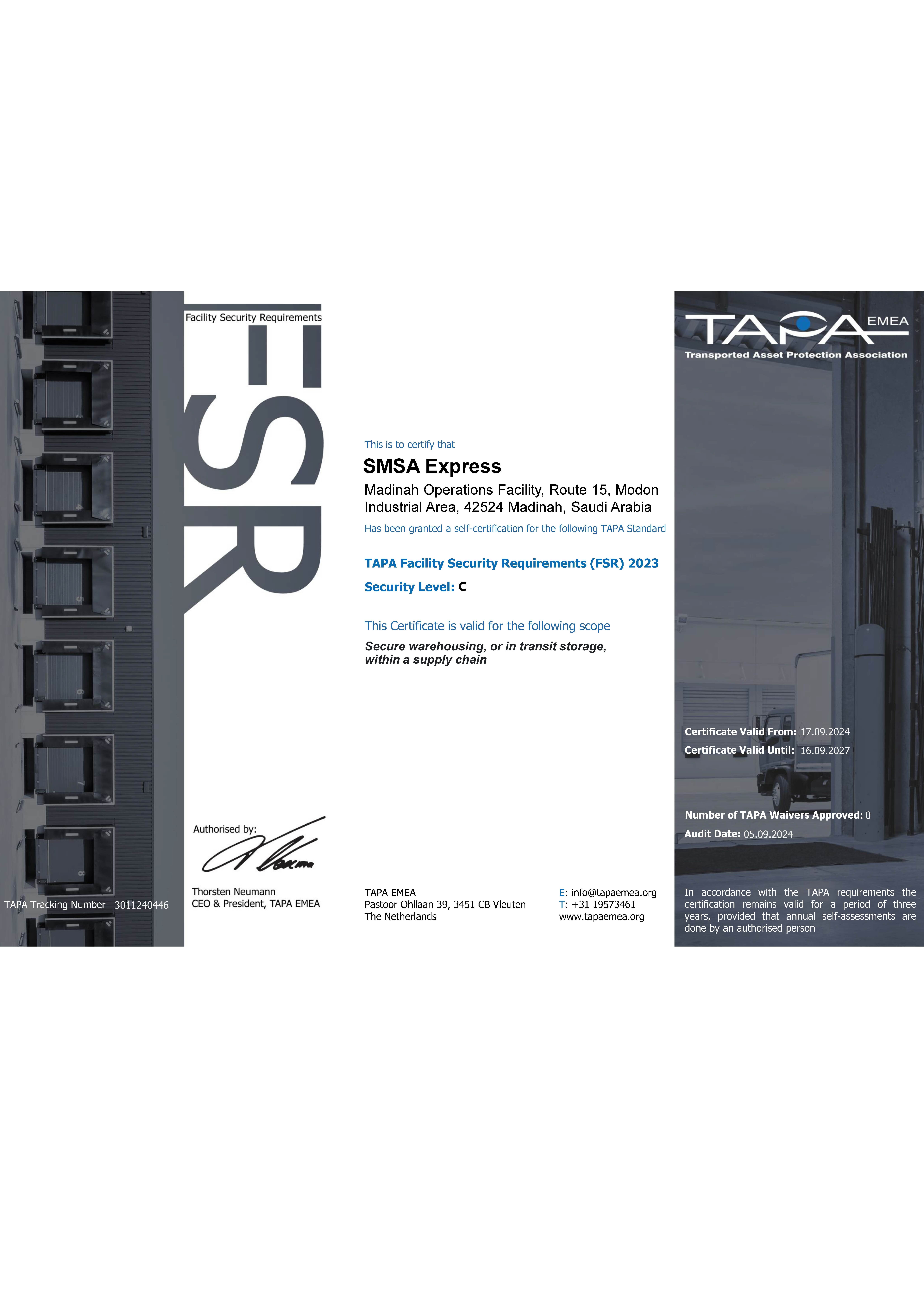 TAPA Certificate